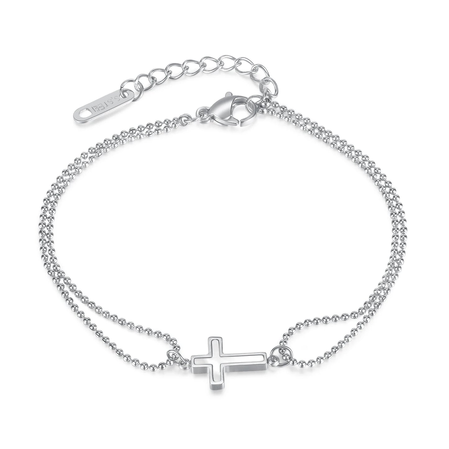 Minimalist Double Layer Cross Stainless Steel Bracelet for Women – Stylish Beaded Chain Jewelry