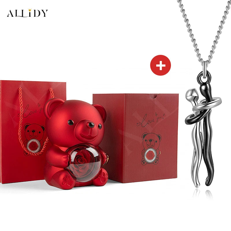 Hip Hop Embrace Couple Pendant Necklace Adjustable Hugging Pendant Necklace and Eternal Rose Bear Jewelry Box Valentine Day Gift