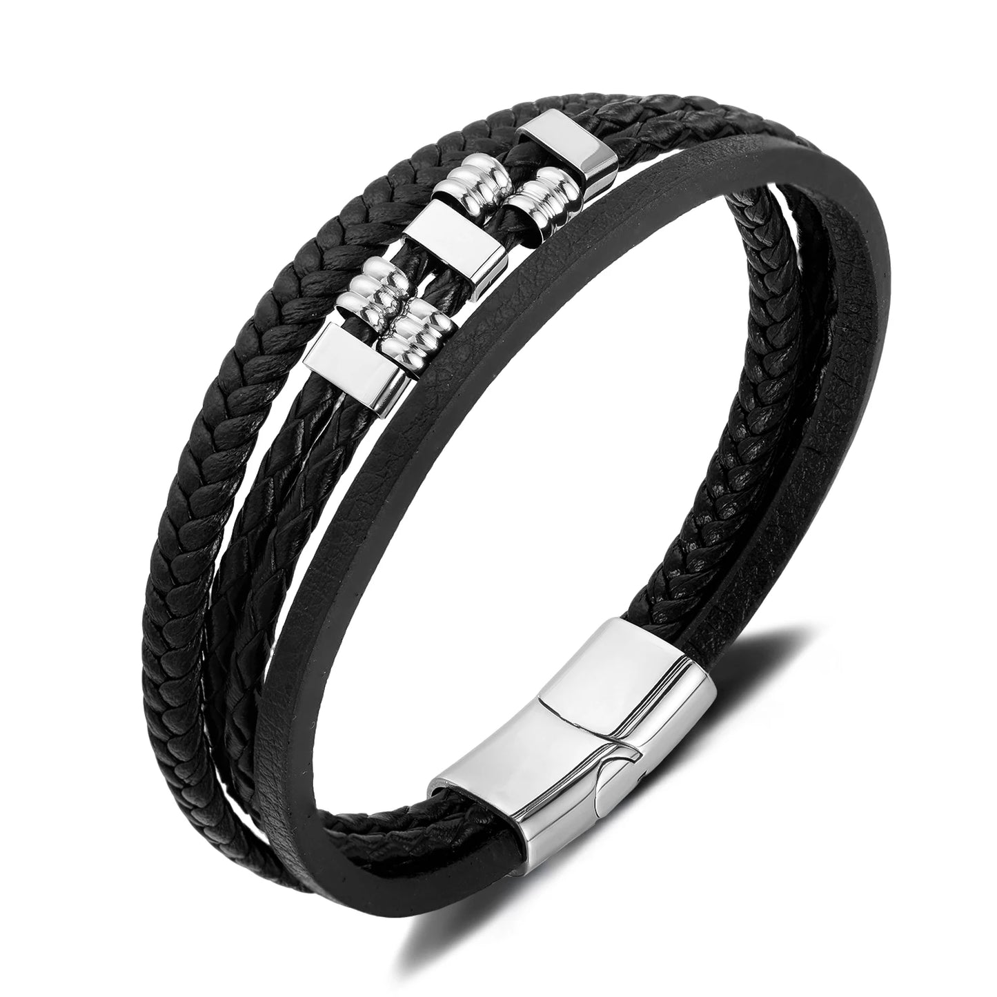 Men’s Vintage Braided Leather Bracelet – Multi-Layer Wristband with Stainless Steel, Casual Trendy Retro Style