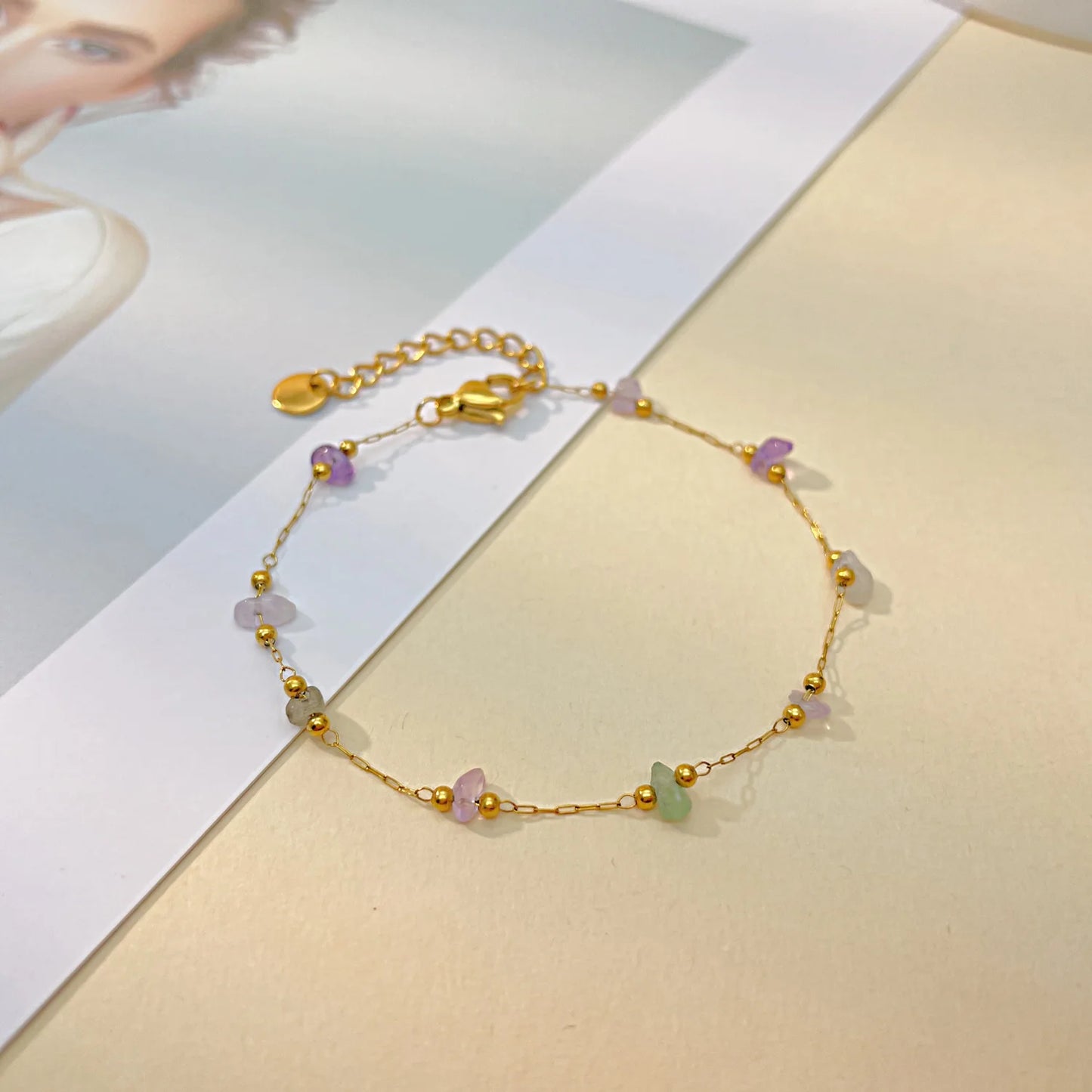 Boho Colorful Natural Stone Bracelet for Women – Luxury Gold-Plated Titanium Chain Ethnic Style Jewelry