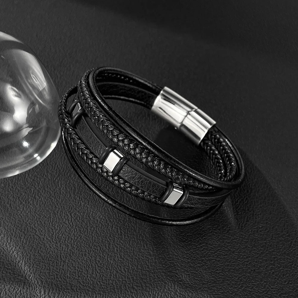 Men’s Multi-Layer Braided Leather Bracelet – Minimalist Stainless & Titanium Steel Wristband, Casual Versatile Style