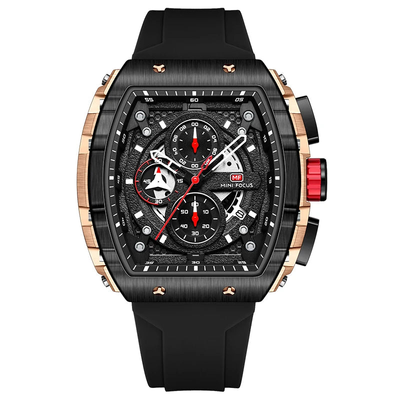 MINIFOCUS Luxury Men's Sports Watch Barrel Curved Glass Waterproof Luminous Automatic Analog Watch for Outdoor & Business