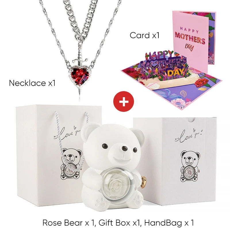 Mother's Day 3D Card Red Zircon Heart and Sword Necklace Double Necklace Real Rose Hug Bear Mothers Day Jewelry Gift Set for Mom