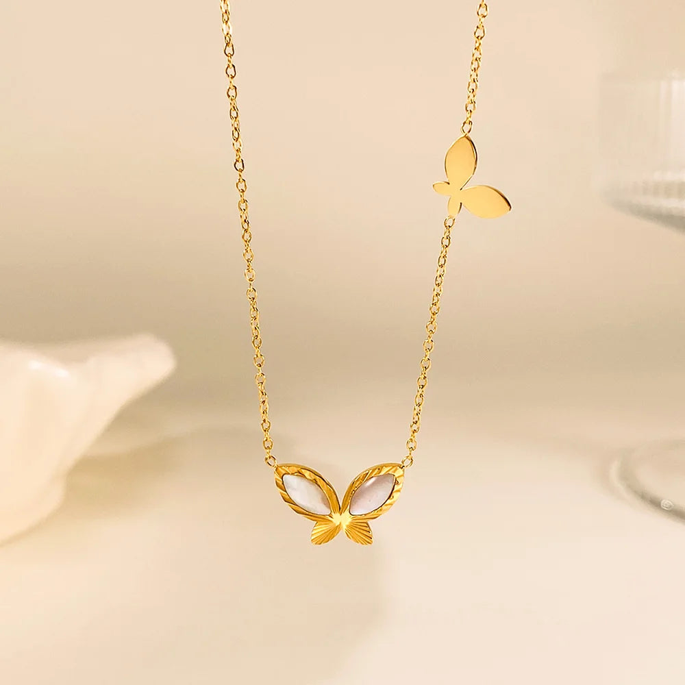 Elegant Butterfly Pendant Necklace for Women – Stainless Steel & Mother-of-Pearl Delicate Clavicle Chain