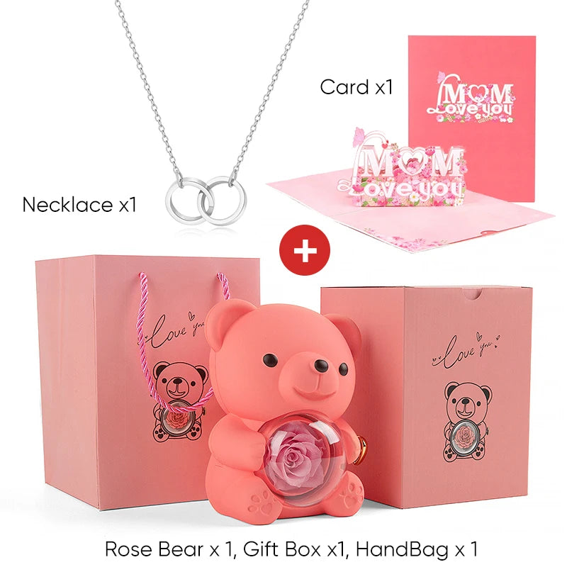 Mother's Day Gift Set Personalized Custom Necklace & Eternal Rose Teddy Bear and Beautiful Card Unique Jewelry Gift for Mom