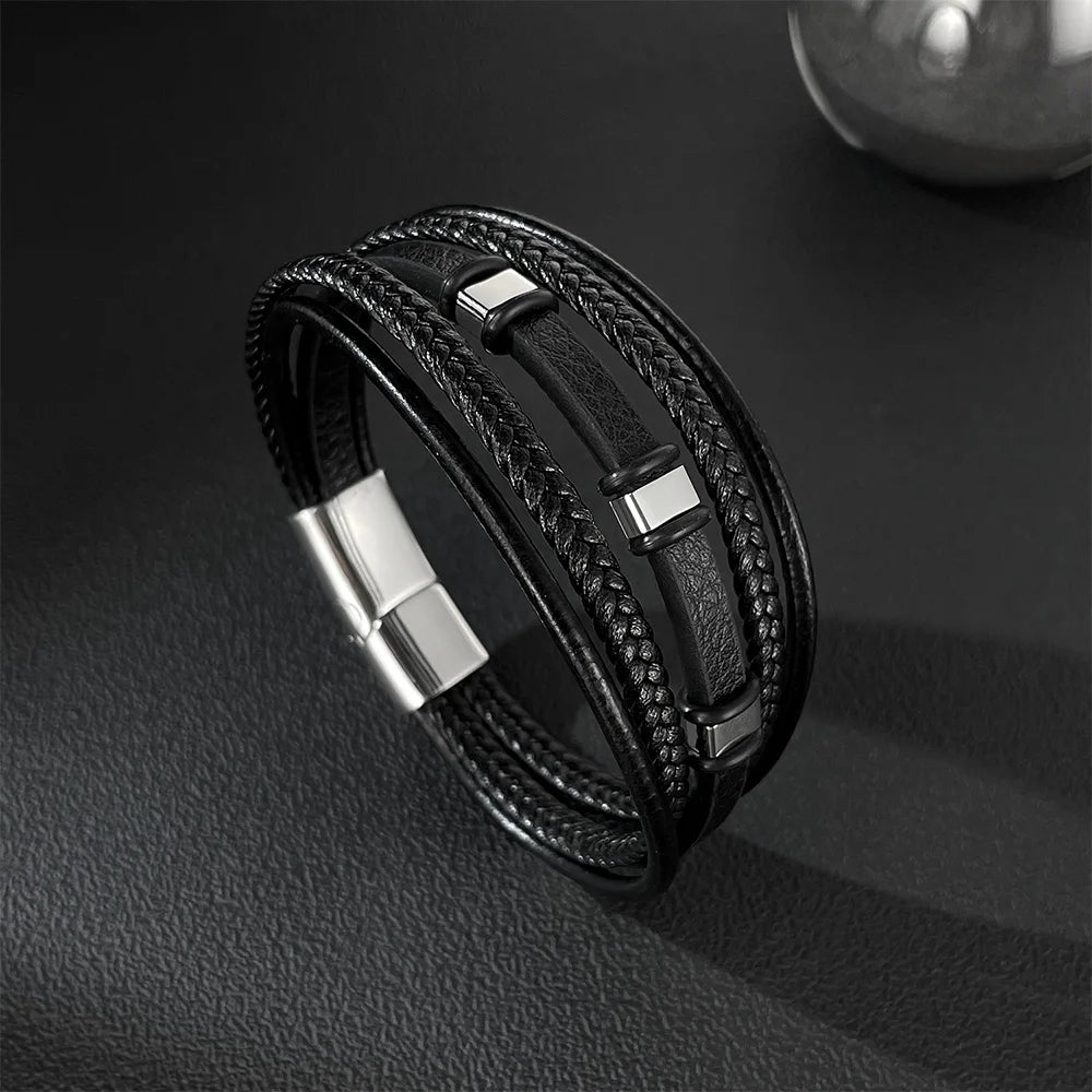 Men’s Multi-Layer Braided Leather Bracelet – Minimalist Stainless & Titanium Steel Wristband, Casual Versatile Style