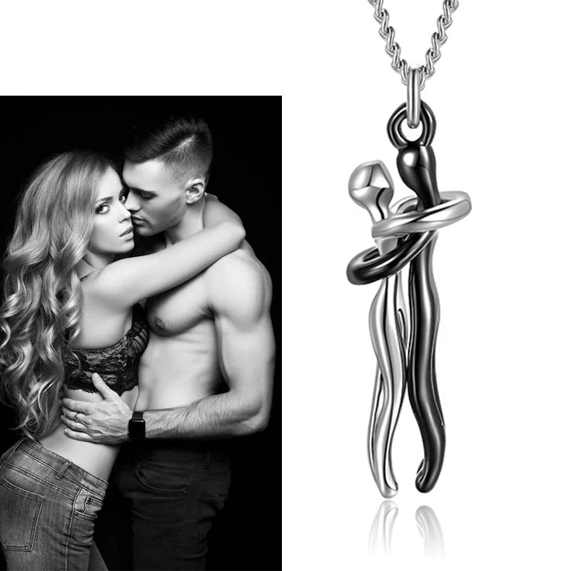 Couple Gift Set – Stainless Steel Hug Necklace, Real Preserved Rose in Drawer Jewelry Box – Romantic Holiday Gift for Him & Her