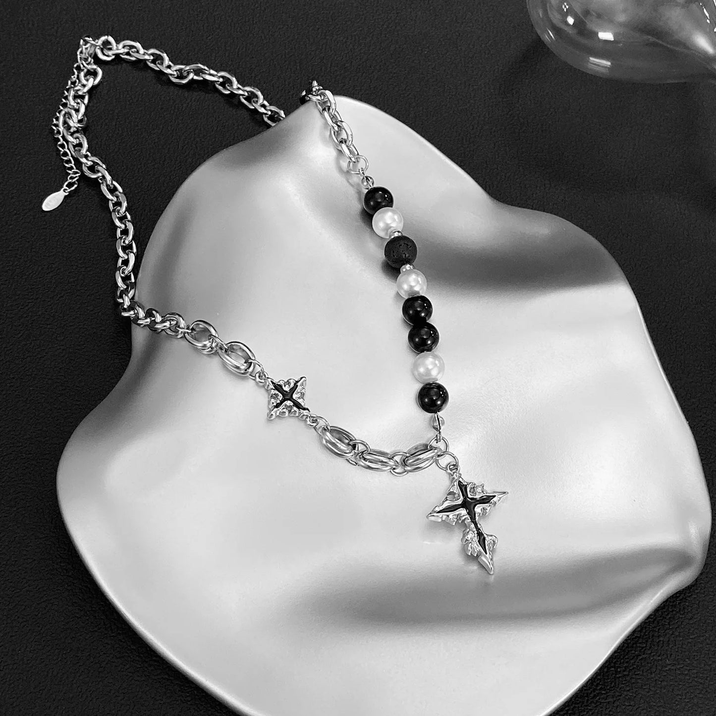 Unisex Cross Pendant Necklace – Stainless Steel with Volcanic Stone & Pearl Beads, Hip Hop Street Style