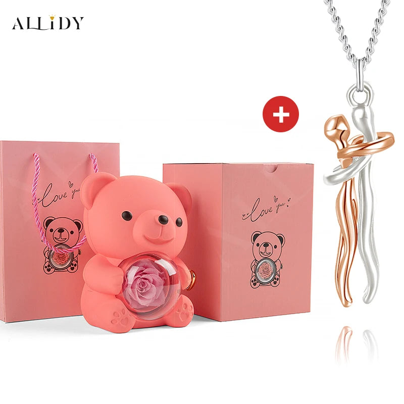 Hip Hop Embrace Couple Pendant Necklace Adjustable Hugging Pendant Necklace and Eternal Rose Bear Jewelry Box Valentine Day Gift