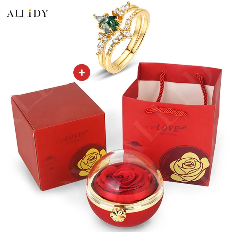 Creative Irregular Natural Green Moss Stone Aquatic Agate Retro Women's Two-Piece Ring With Real Eternal Rose Jewelry Box Set