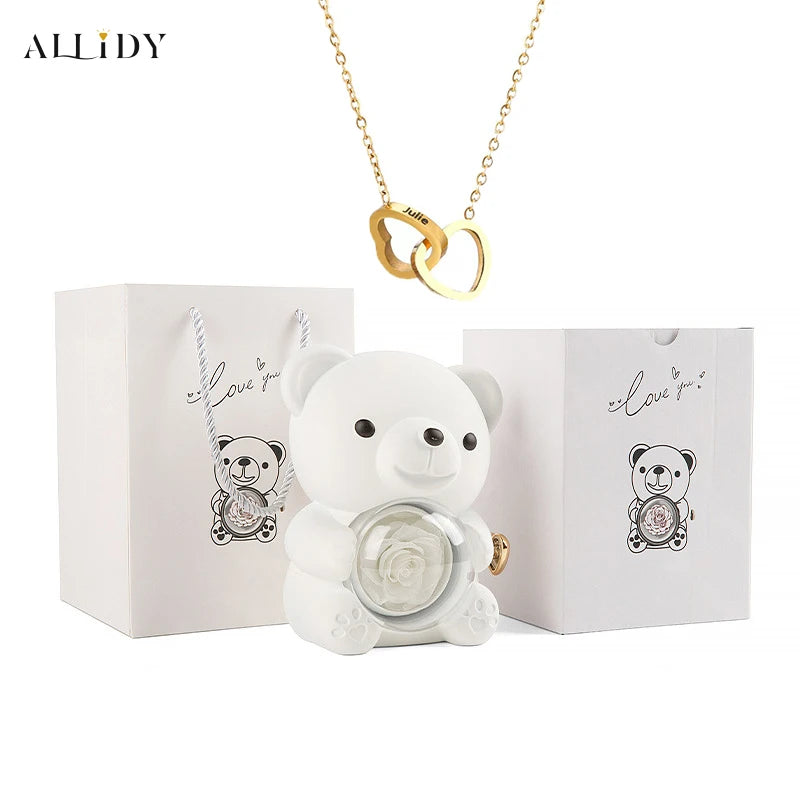 Rose Bear Gift Box with Personalized Custom Necklace For Girlfriend Women Valentine's Day gift Mother's Day Birthday Set