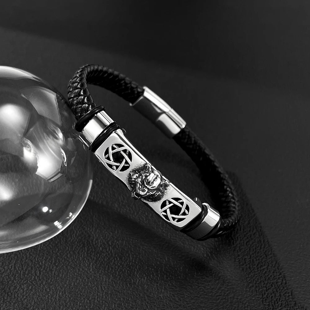 Men’s Hip Hop Leopard Head Leather Bracelet – Creative Braided Wristband with Stainless & Titanium Steel, Urban Street Style