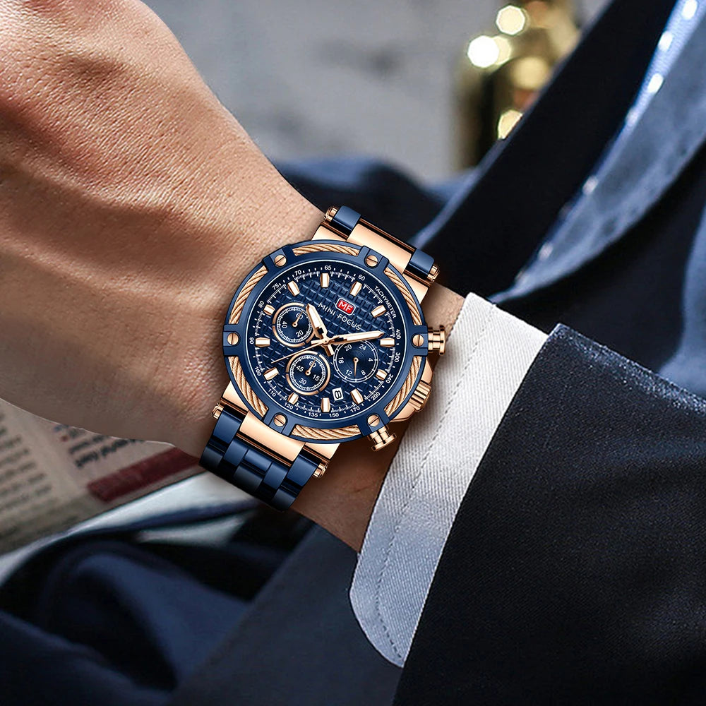 MINIFOCUS Men's Luxury Business Casual Watch Waterproof Quartz Wristwatch Luminous Stainless Steel Fashion Chronograph for Work