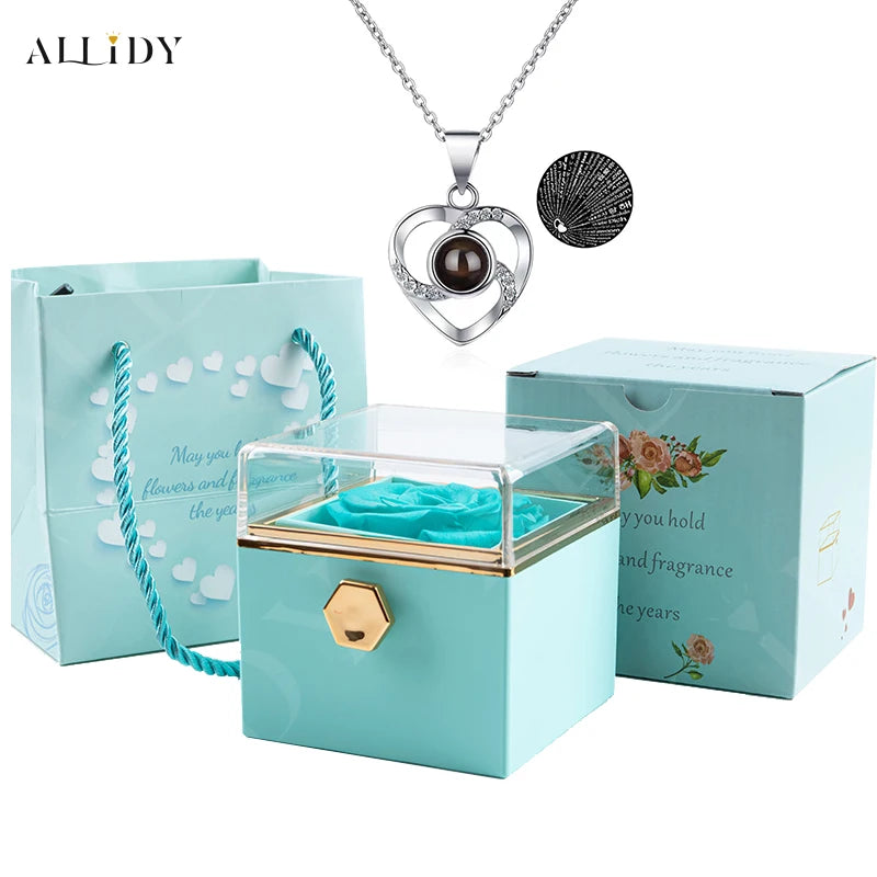 Rotation Real Rose Valentine's Day Marriage Acrylic Jewelry Gift Boxes 100 Languages Projection Necklace for Women Girl Lover