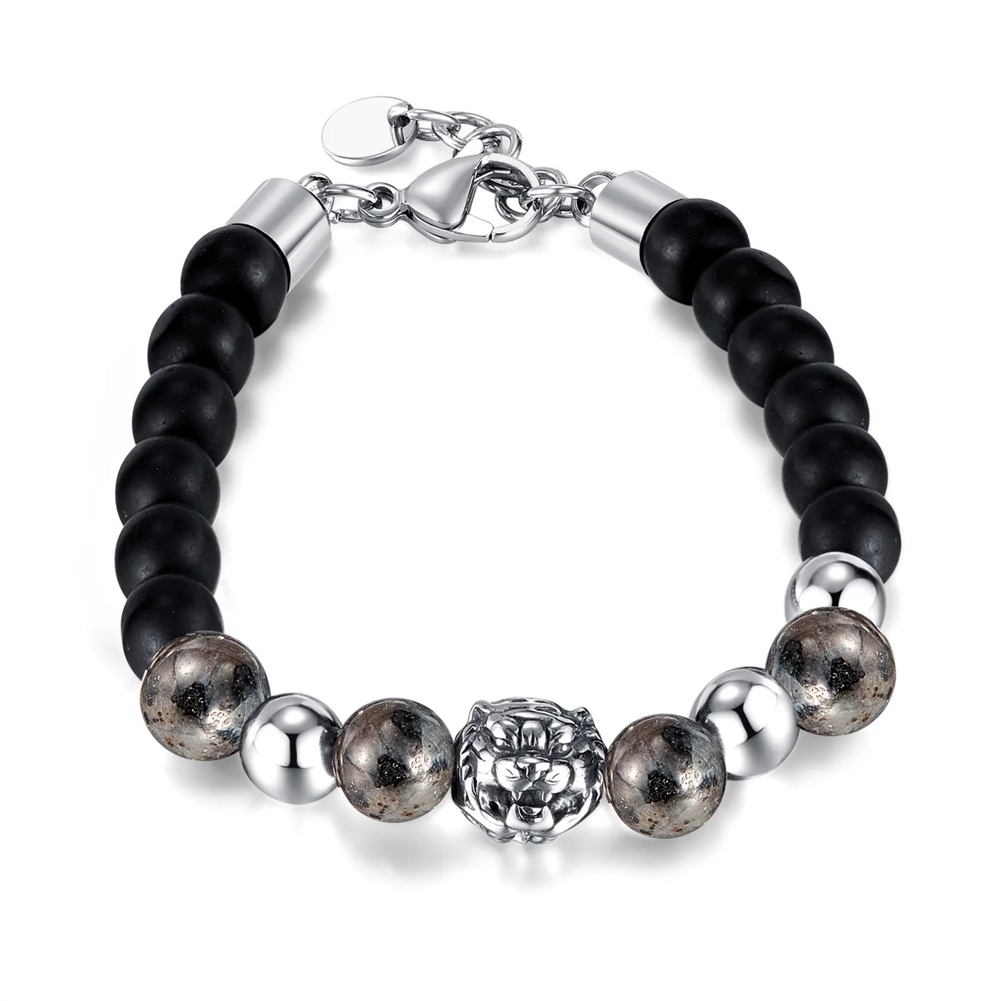 Men’s Stainless Steel Bracelet – Cross Chain with Skull / Wolf / Leopard Head & Tiger Eye Beads, Vintage Style