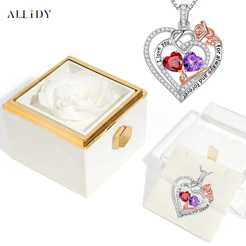 Rose Heart-Shaped Diamond-Inlaid Necklace for Women – Fashion Clavicle Chain with Eternal Preserved Rose Gift Box