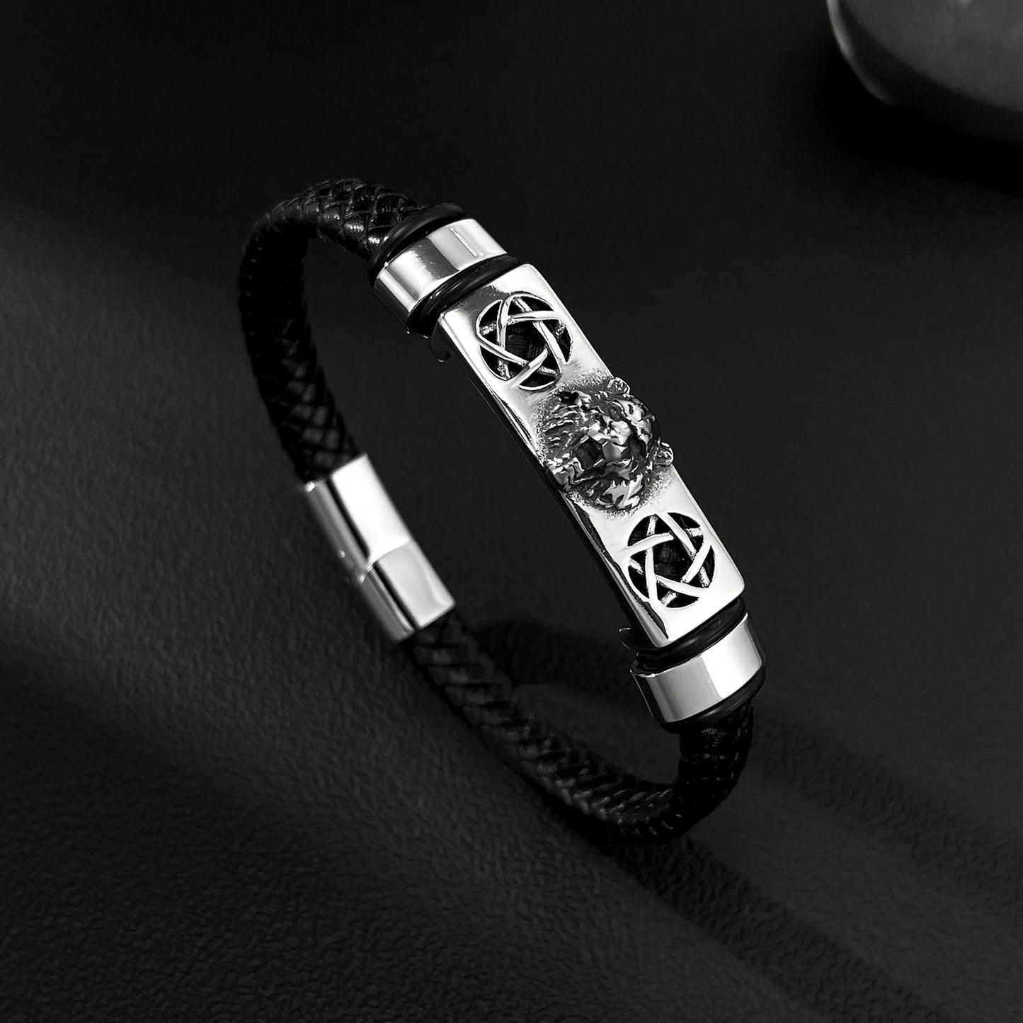 Men’s Hip Hop Leopard Head Leather Bracelet – Creative Braided Wristband with Stainless & Titanium Steel, Urban Street Style