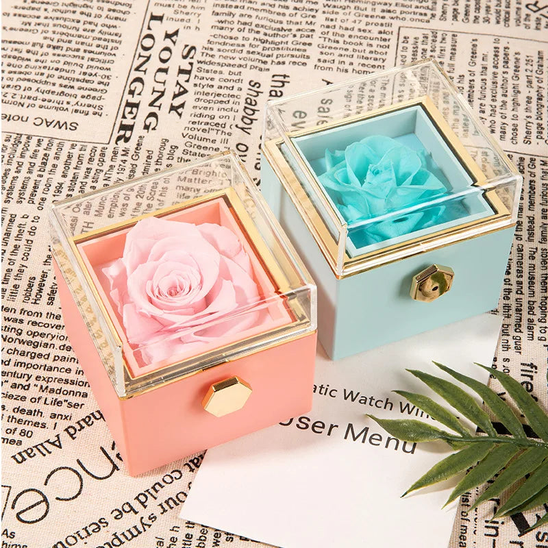 2025 New Valentine Eternal Rose Jewelry Ring Box Rotate Wedding Pendant Necklace Storage Case for Women Girlfriend