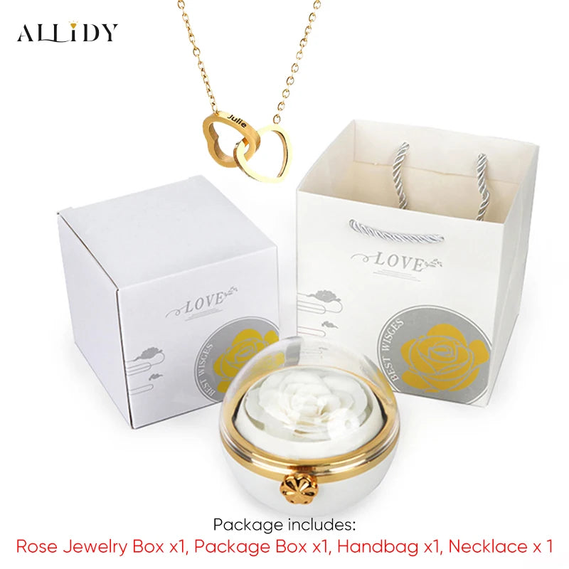 New Surprise Gift Idea Preserved Rose Round Ring or Necklace Jewelry Gift Box with Engraved Name Necklace for Girl Friend Mum