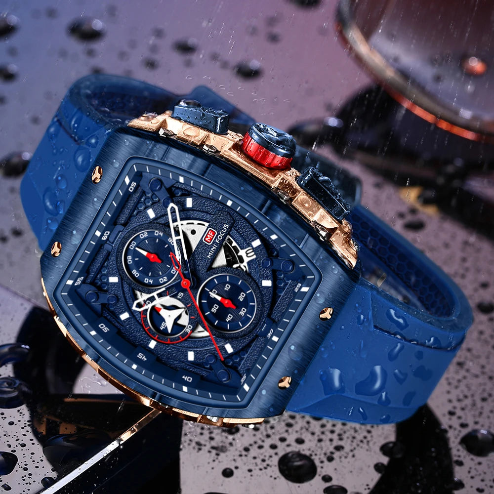 MINIFOCUS Luxury Mens Sports Watch Barrel Curved Glass Waterproof Luminous Automatic Analog Wristwatch for Outdoor & Business