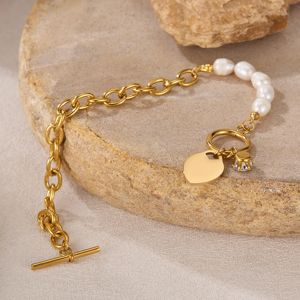 Elegant Women's Stainless Steel Bracelet with Freshwater Pearls and Heart Zircon – INS Style Titanium Jewelry