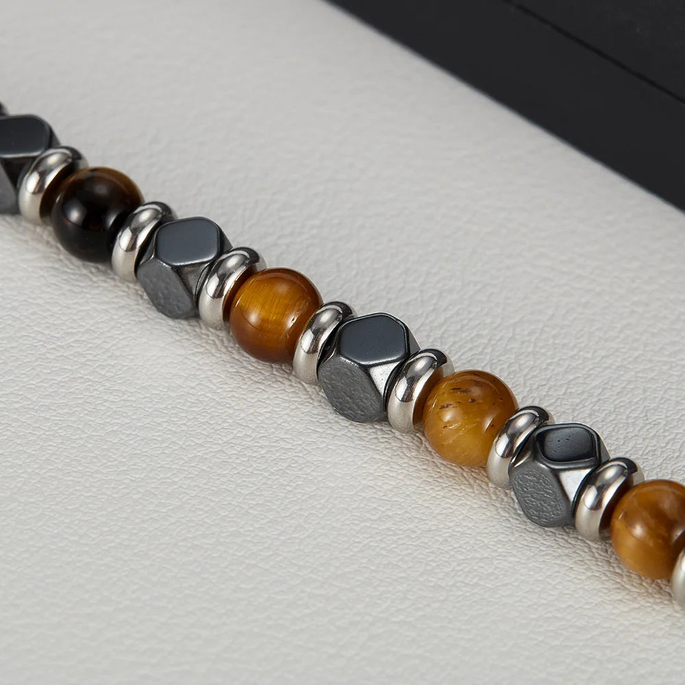 Men’s Tiger Eye & Black Onyx Beaded Bracelet – Stainless Steel Fashion Jewelry with Unique Design