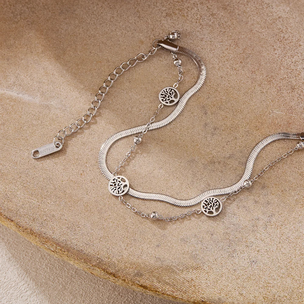 Vintage Double-Layer Tree of Life Bracelet for Women – Stainless Steel Snake Chain Layered Wrist Jewelry