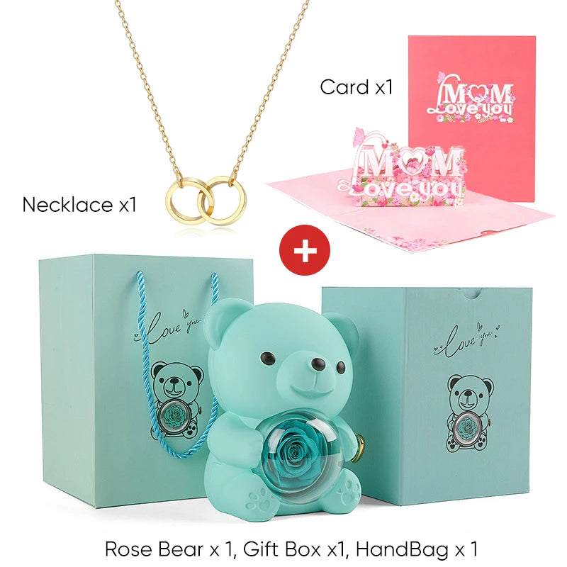 Mother's Day Gift Set Personalized Custom Necklace & Eternal Rose Teddy Bear and Beautiful Card Unique Jewelry Gift for Mom