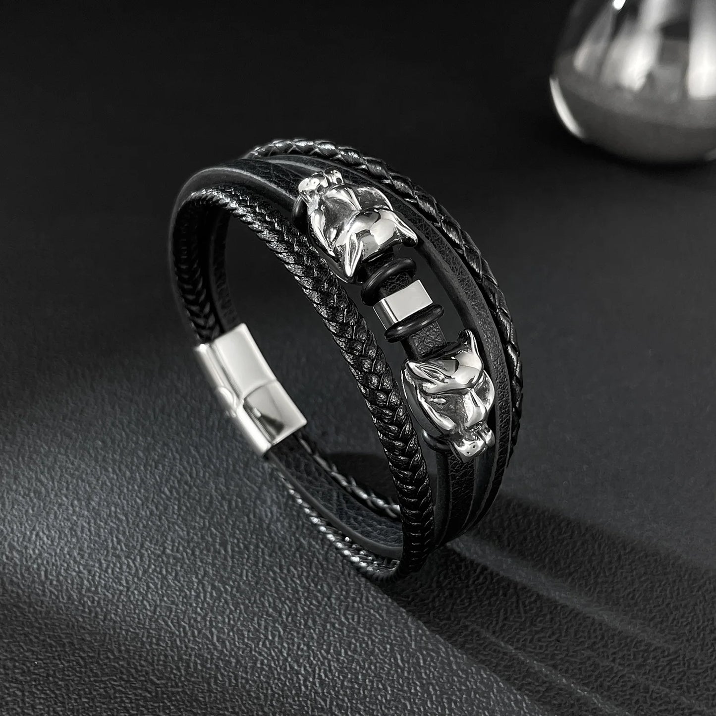 Men’s Leopard Head Leather Bracelet – Trendy Braided Wristband with Stainless & Titanium Steel, Bold Animal-Inspired Design