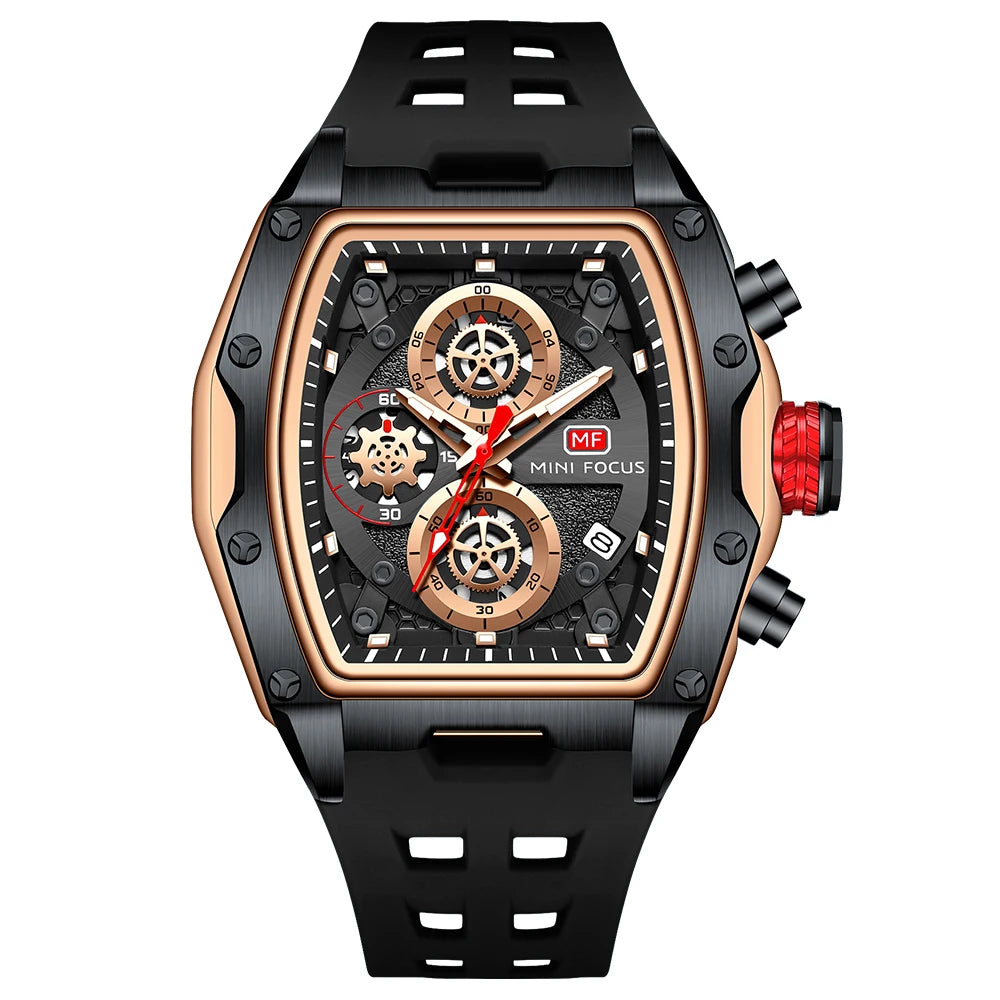 MINIFOCUS Luxury Mens Racing Sports Watch Barrel Skeleton Dial Waterproof Luminous Wristwatch Outdoor Business Watch for Man