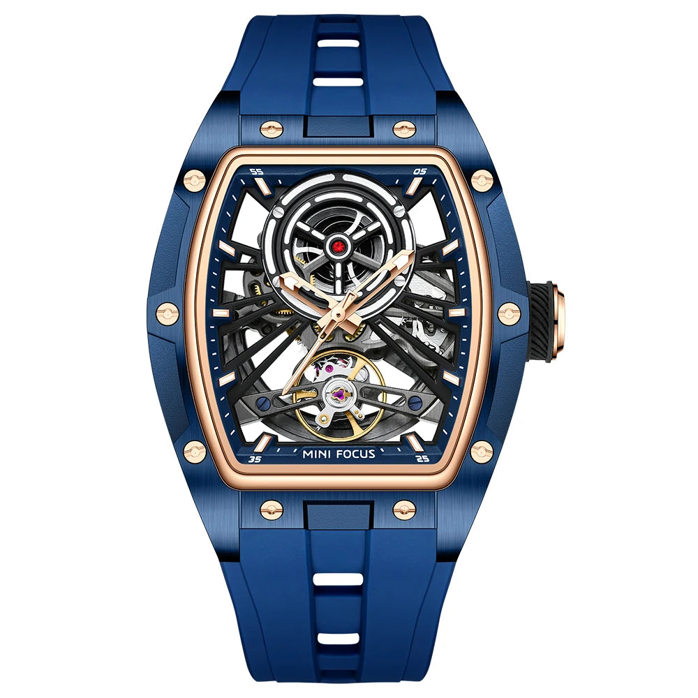 MINIFOCUS Men's Bestseller Barrel Automatic Mechanical Watch Full Skeleton Stainless Steel Case Trendy Fathers Day Gift for Him