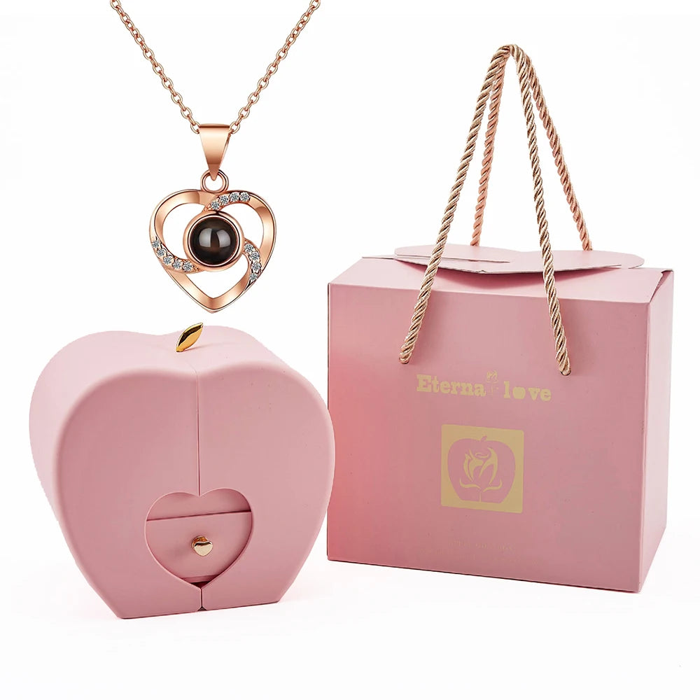 Mother’s Day Jewelry Gift Set – 100 Languages I Love You Projection Heart Necklace with Eternal Apple Flower Gift Box for Mom