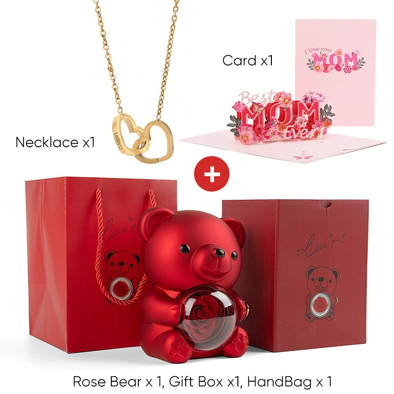 2025 New Beautiful 3D Mother's Day Card Roses Teddy Bear and Necklace Best Personalized Unique Mother’s Day Gifts for Mom