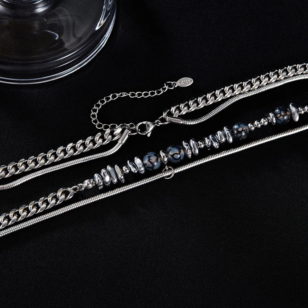 Men’s Minimalist Double Layer Necklace – Black Agate & Stainless Steel Cuban Chain with Natural Stone Detail