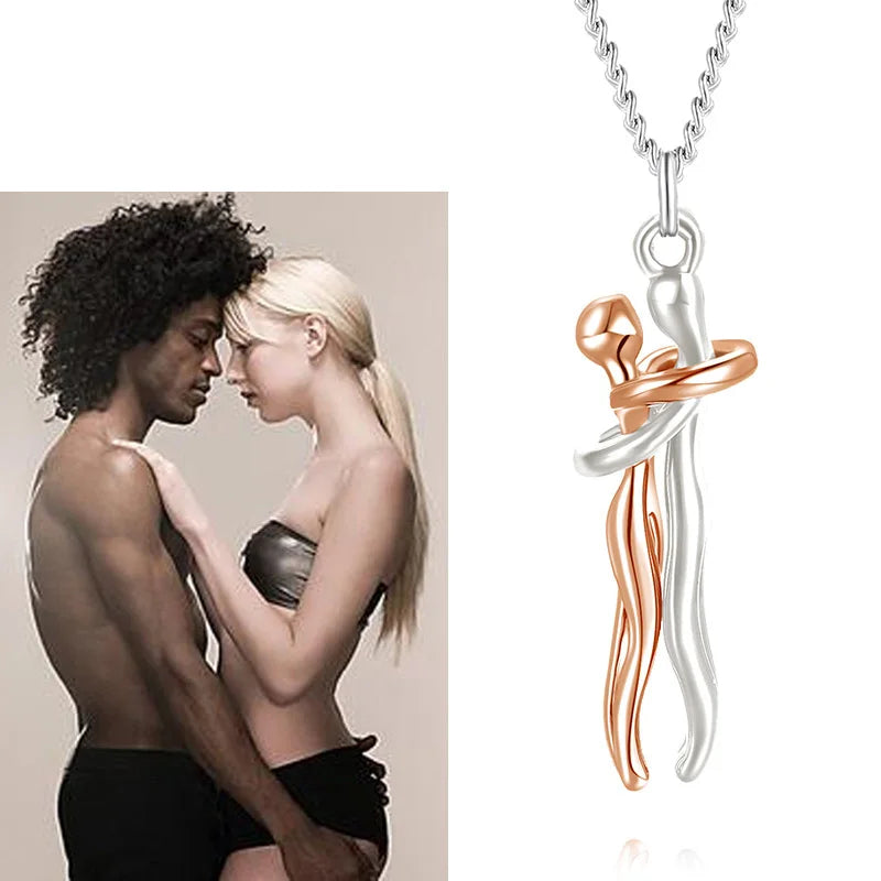 Couple Gift Set – Stainless Steel Hug Necklace, Real Preserved Rose in Drawer Jewelry Box – Romantic Holiday Gift for Him & Her