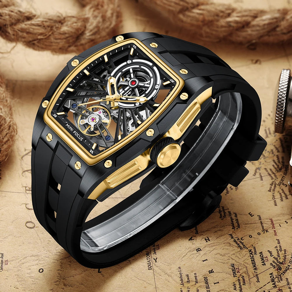 MINIFOCUS Men's Bestseller Barrel Automatic Mechanical Watch Full Skeleton Stainless Steel Case Trendy Fathers Day Gift for Him