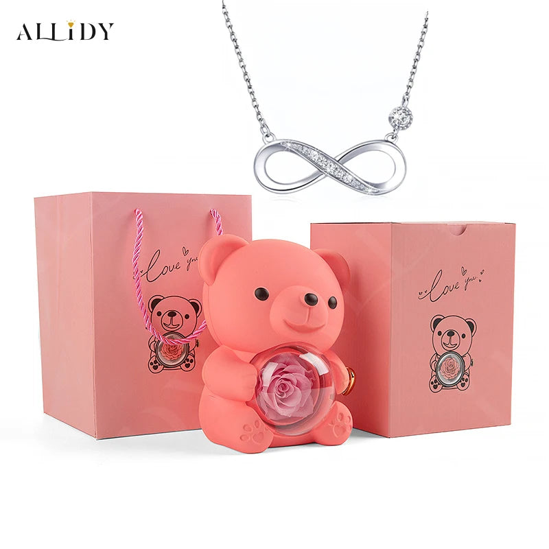 2025 Mother's Day Gifts Idea 8-Character Infinite Love Necklace Real Rose Teddy Bear Jewelry Storage Gift Box for Wife Mom Women