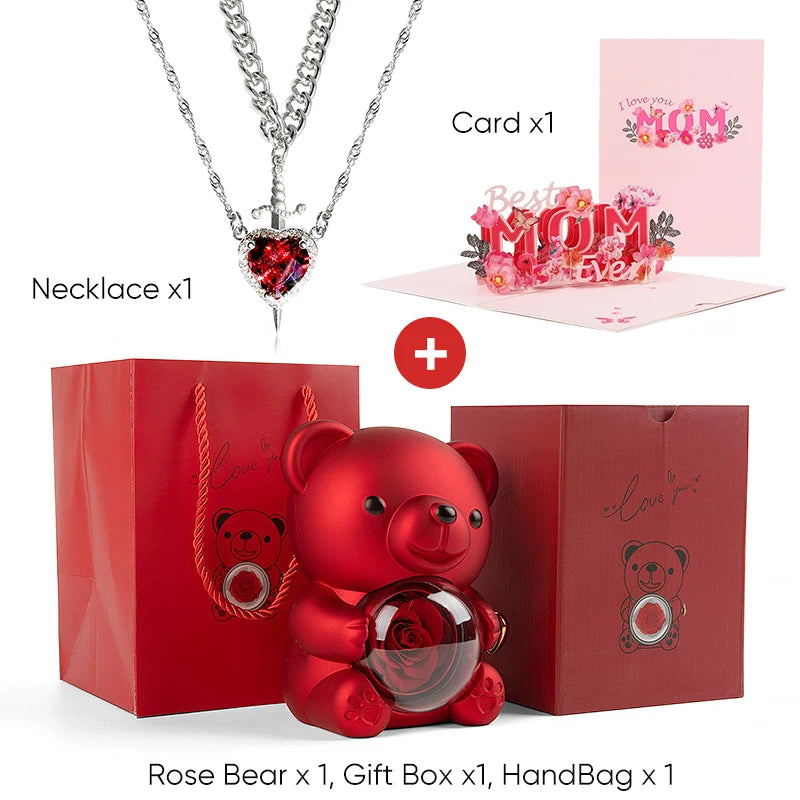 Mother's Day 3D Card Red Zircon Heart and Sword Necklace Double Necklace Real Rose Hug Bear Mothers Day Jewelry Gift Set for Mom