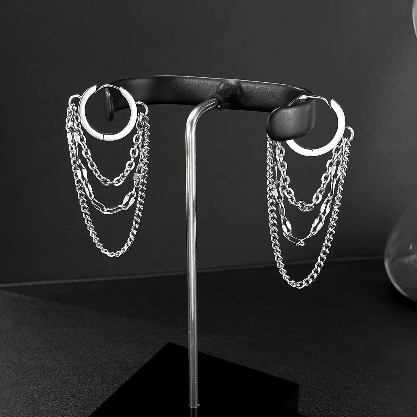 Men’s Stainless Steel Tassel Chain Stud Earring – Trendy Punk Style Titanium Steel Ear Accessory