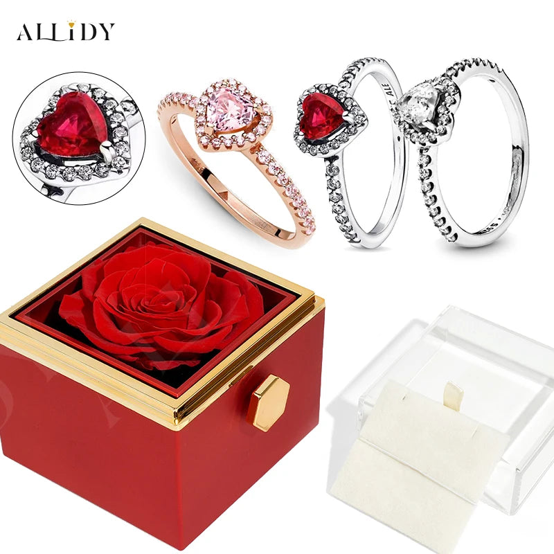 Mother's Day Valentine Gift Silver Love Zircon Ring and Rose Gift Box Set for Mother Girlfriend Wife Lover Sister