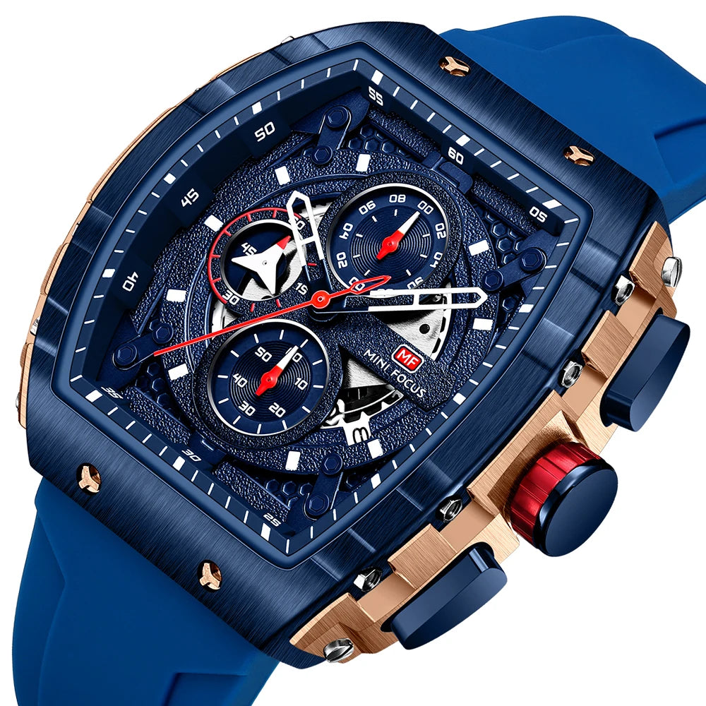 MINIFOCUS Luxury Mens Sports Watch Barrel Curved Glass Waterproof Luminous Automatic Analog Wristwatch for Outdoor & Business