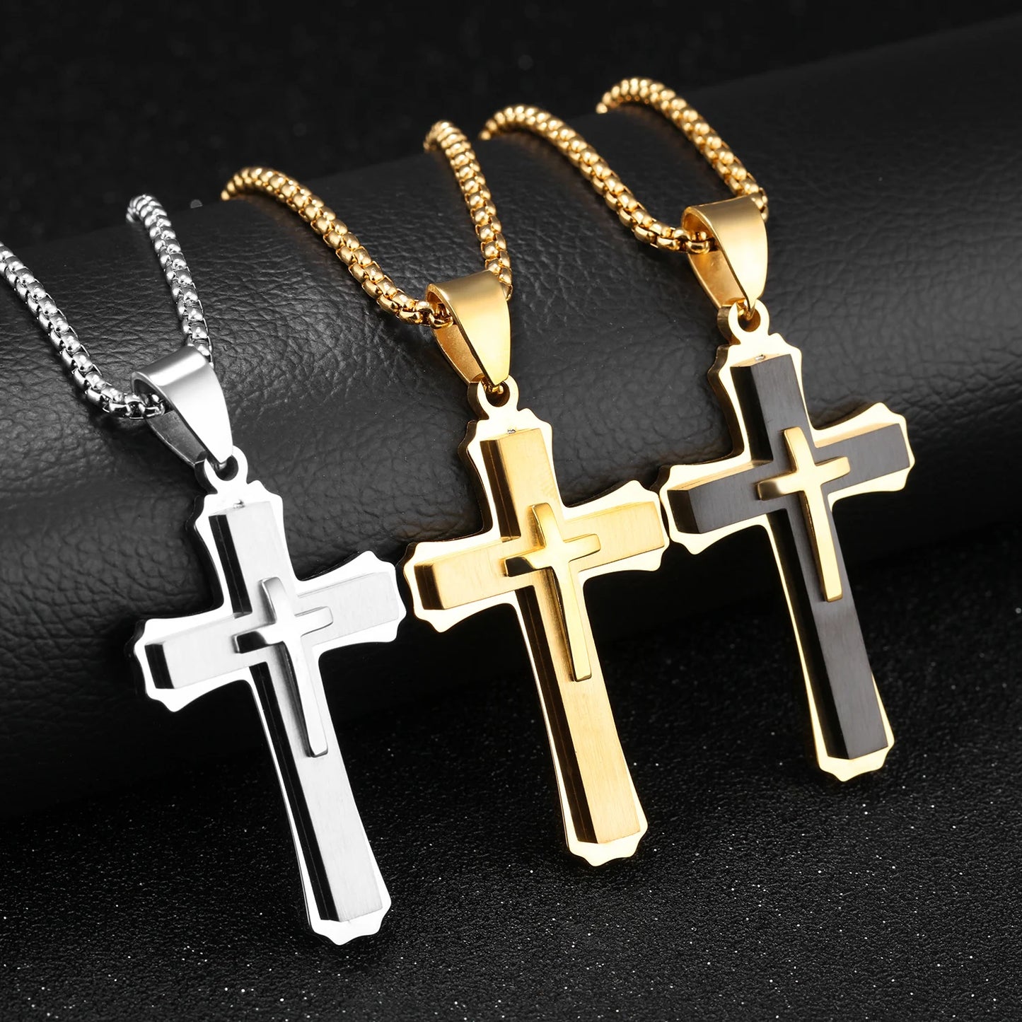 Men’s Triple Layer Cross Necklace – Vintage Titanium Steel Chain with Bold Gothic Style, Gift for Husband, Dad or Boyfriend