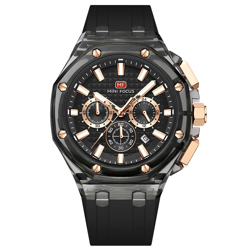 MINIFOCUS Trendy Mens Watch Ultra Lightweight Octagonal Transparent Case Multifunction Quartz Luminous Fashion Sport Watch