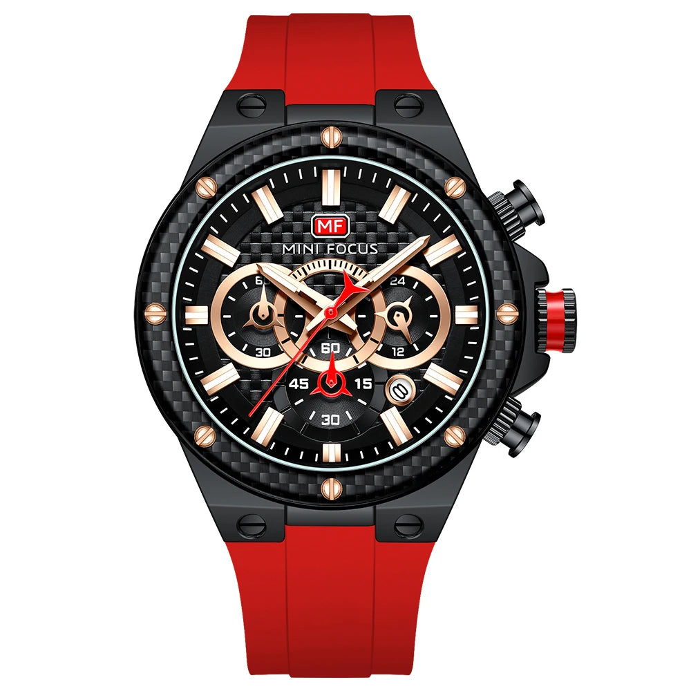 MINIFOCUS Men’s Sports Quartz Watch – Waterproof Chronograph Carbon Fiber Bezel Luminous Hands Multifunction Outdoor Timepiece
