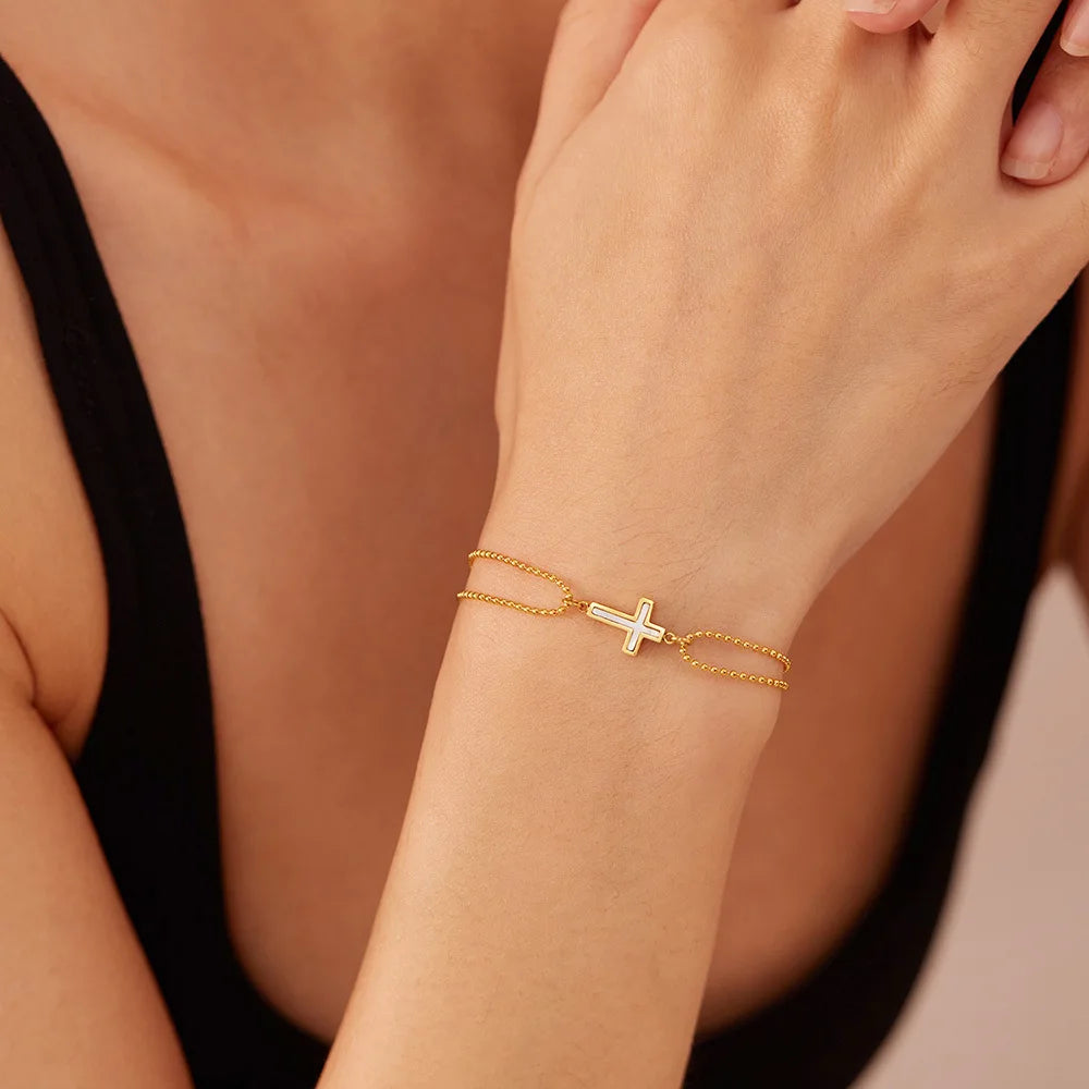 Minimalist Double Layer Cross Stainless Steel Bracelet for Women – Stylish Beaded Chain Jewelry