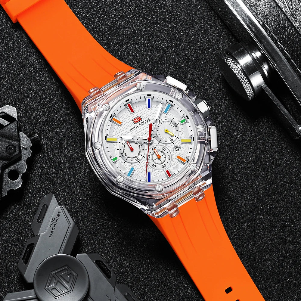 MINIFOCUS Trendy Mens Watch Ultra Lightweight Octagonal Transparent Case Multifunction Quartz Luminous Fashion Sport Watch