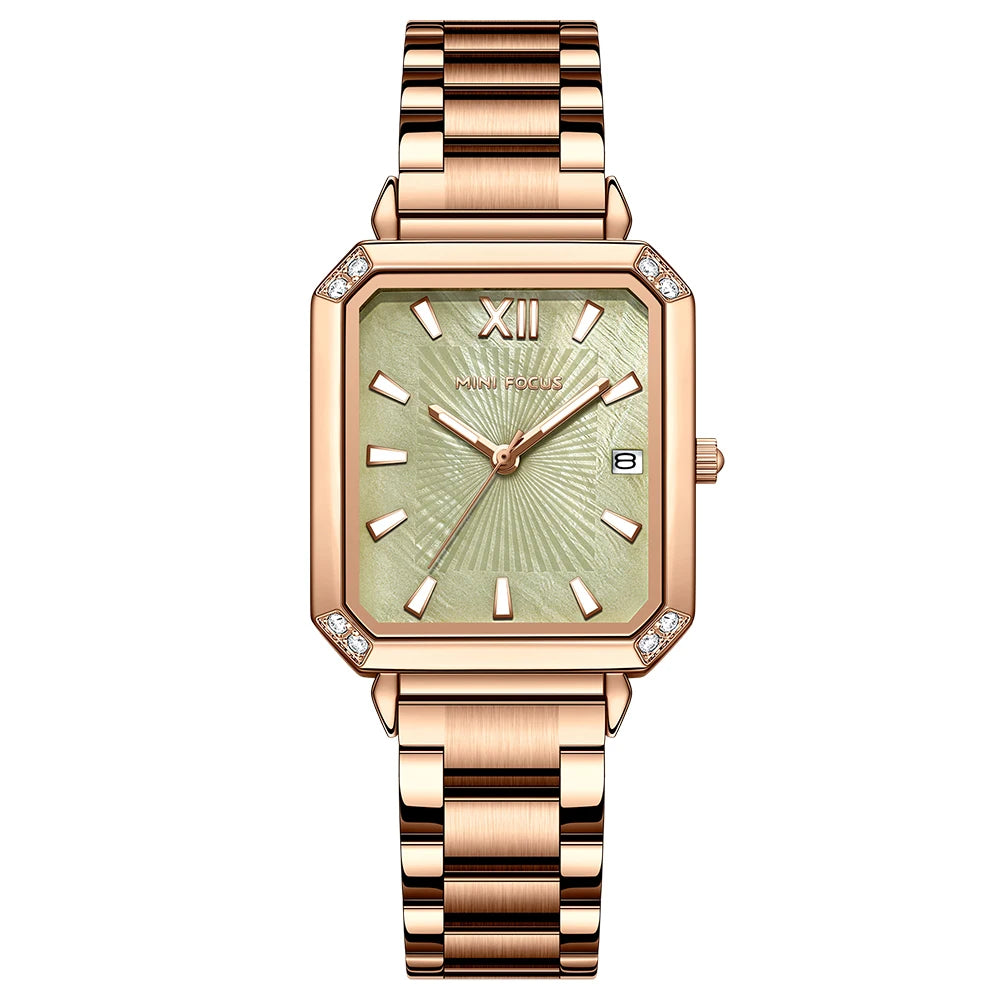 MINIFOCUS Women's Luxury Mini Square Watch Mother-of-Pearl Dial Luminous Stainless Steel Band Fashion Watch Gift for Women