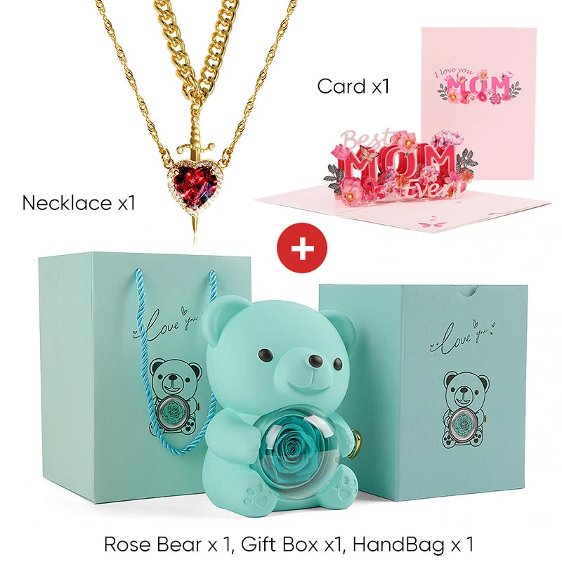 Mother's Day 3D Card Red Zircon Heart and Sword Necklace Double Necklace Real Rose Hug Bear Mothers Day Jewelry Gift Set for Mom