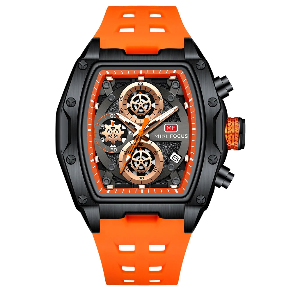 MINIFOCUS Luxury Mens Racing Sports Watch Barrel Skeleton Dial Waterproof Luminous Wristwatch Outdoor Business Watch for Man