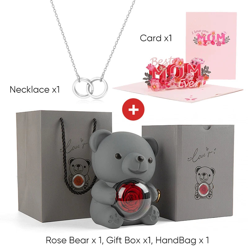 Mother's Day Gift Set Personalized Custom Necklace & Eternal Rose Teddy Bear and Beautiful Card Unique Jewelry Gift for Mom